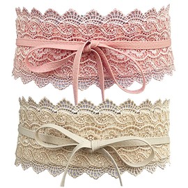 QIANXISUN Women's 2 Packs Lace Waist Belt Bow Tie Wrap Around Soft Leather Boho Corset Fashion Elegant for Dresses (Beige+Pink)