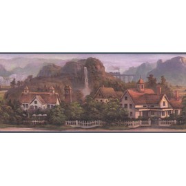 CONCORD WALLCOVERINGS ™ Wallpaper Border Featuring Country Side Landscape with European Style Houses and Mountains on The Background, Colors Blue Brown Green, Size 10.25 Inches by 15 Feet 5506860