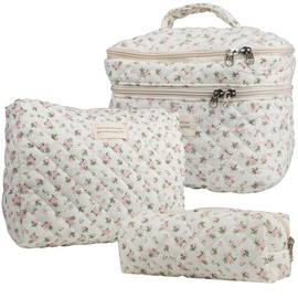 Large Capacity Dual Layer Cotton Makeup Cosmetic Bag (3PCS), Cute Quilted Travel Coquette Aesthetic Floral Make up Bag for Women Toiletry Bag - Color: HotPink Flower(3Pcs)