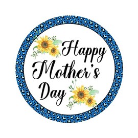 Sunflower Happy Mathers Day Stickers Leopard Print Cartoon Round Stickers for Computer Tumbler Mug Home Decor Vinyl Easy to Remove Easy to Apply Birthday Mother's Day Gifts for Mom Mama Women Wife