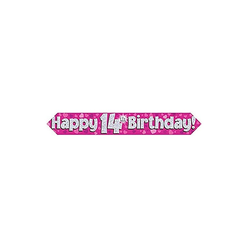 9ft Banner Happy 14th Birthday Pink Holographic