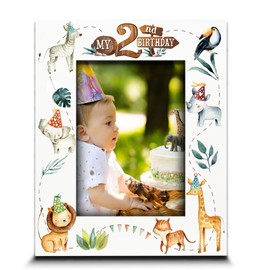 BELLA BUSTA--My 2nd Birthday Picture Frame -Second Birthday Baby Boy Girl Safari Animals Theme -Lions, Elephants and Giraffes-UV Print (Safari (5x7 Vertical))