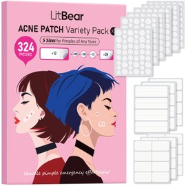 LitBear Large Acne Patches (5 Sizes, 324 Pieces), Acne Patches for Face, Chin, Back or Body, Hydrocolloid Acne Patches for All Skin Types