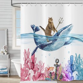 Hnmdmyi Shower Curtain Funny Cat 180 x 200 cm, Cute Kitten Riding Whale Shower Curtains Ocean Coral Algae Tropical Fish Children's Bath Curtain Waterproof Polyester Fabric Washable Bath Curtain