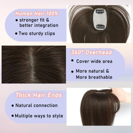 YOOSDPET Hair Toppers for Women Real Human Hair， 360°3D Cover Topper for Women with Thinning Crown Wispy Clip in Bangs Realistic Scalp Line Hair Pieces (Medium Brown, Side Bangs)