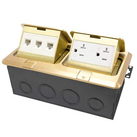 ENERLITES Dual Pop-Up Floor Box Kit, 8.68" X 4.75" Cover, 20A Tamper-Weather Resistant Receptacle Outlets, RJ45 Data Ports, Watertight Gasket, Corrosive Resistant Hardware, 962301-C, Brass (662301-C-D)