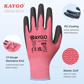 KAYGO Work Gloves PU Coated 12 Pairs, KG11PF, Safety Working Gloves with Secure Grip on Palm & Fingers, for Men and Women, Ideal for General Duty Work, Gardening (X-Small, Pink)