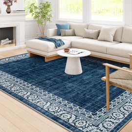 Lahome 8x10 Blue Rugs for Living Room Washable Large Bedroom Rug 8x10 Under Bed,Dining Room Rugs for Under Table,Bordered Vintage Indoor Carpet for Home Office Apartment(8'x10',Blue)