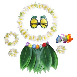 PHOGARY 7 Pack Hawaiian Flower Leaf Hula Skirt Costume Accessory Kit for Hawaii Luau Party - Dancing Hula with Hawaiian Lei, Hibiscus Hair Clip, Pineapple Sunglasses for Boys Girls (Green + White)