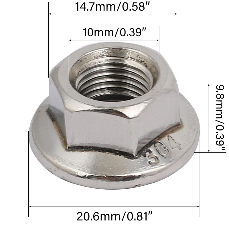 TOP-VIGOR 12Pcs M10 x 1.25mm Fine Thread Flange Nuts, 304
