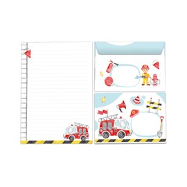 Writing Paper Set Letter Pad with Envelope for Children Fire Engine Fire Brigade Children's Motif Boys (Pad A5 with 25 Sheets + 15 Envelopes)