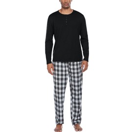 Ekouaer Men's Pyjamas Sets Long Sleeve Pjs Soft Loungewear Winter Henley Top with Checked Pants Black White XL