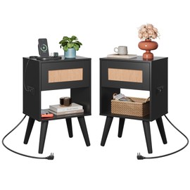 WLIVE Rattan Nightstands Set of 2 with Charging Station, Boho Nightstand, Wood Side Table, Small End Table with Drawers for Bedroom, Living Room, Black