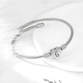 KunBead Jewelry Women Girls Sister Initial Letter G Cuff Bracelet Silver Alphabet Heart Bangle Bracelets Gift for Birthday