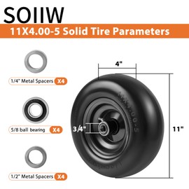 11x4.00-5" Lawn Mower Tire on Wheel Flat Free 2 PCS, 3/4" or 5/8" Bearing, Solid Mower Wheel for Residential and Commercial 3.4"-5" Centered Hub, Zero Turn Mower Front Tires