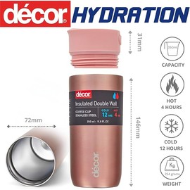 Décor Insulated Stainless Steel Coffee Cup | Travel for Hot & Cold Drinks | 350ml, 12oz - Rose Gold