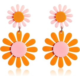 60s 70s Vintage Daisy Flower Earrings for Women Acrylic Retro Disco Hippie Earrings Boho Petal Layered Dangle Drop Earrings Jewelry Birthday Gift-C