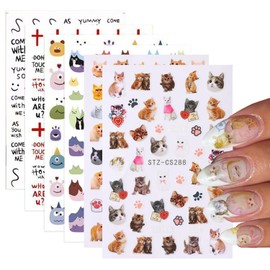 6 Sheets Animal Nail Art Sticker 3D Self-Adhesive Nail Decals Cute Cat Letter Nail Design Funny Nail Sticker French Tip Nail Stickers Spring Summer Nail Supplies for Women Girls Manicure Decoration