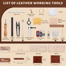 CBHGFEA 51-Piece Leather Working Kit: CBHGFEA Craft Tools Set with Edge Beveler Vegetable Tanned Leather Compass Wax Thread Video Tutorials for Wallets Card Holders and Keychains Crafts for Adults