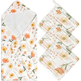 Zainpe 4Pcs Muslin Baby Hooded Towel & Washcloth Set, Flowers Soft Absorbent Cotton Bath Hand Towels Infant Shower Gifts for Newborn Toddler Boys Girls Feeding Teething Sleeping 31.5 X 31.5 in