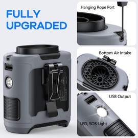 PlanCiTi AI Portable Waist Clip Fan, Upgraded 10000mAh Rechargeable Battery Wearable Belt Personal Fan, 16000RPM Powerful 5 Speeds Shirt with Flashlight Neck Hands-Free 40H Cooling (Gray)