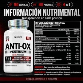 Testrol  Anti Ox Platinum 1100 mg  Suplemento 4 en 1 con Resveratrol, Licopeno, Polifenoles y Betacaroteno  90 Cápsulas                               