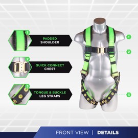 Palmer Safety Fall Protection Safety Harness SLKR Kit I 5pt Full Body Harness, 6' Single Lanyard w/Snap Hook, 18" D-Ring Extender, Safety Glasses & Kit Bag (Hi Vis Green - 2XL)