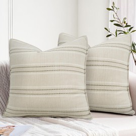 18X18 Decorative Farmhouse Linen Throw Pillow Covers, Boho Textured Pillow Case Set of 2 ,Beige with White & Gray Stitch Yarn Dyed Stripe Cushion Cover ,Modern Accent Square Pillowcase for Sofa Couch