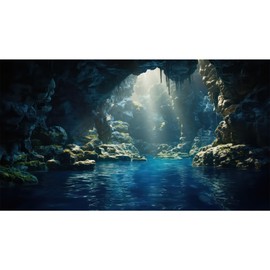 Riivvdise Aquarium Background Underwater Cave with Blue Water and Sunbeams Terrarium Backdrop Fantasy Rocks Moss Sun Rays Fish Tank Background Cave Landscape Tank Wallpaper Poster Vinyl 48x18in