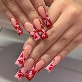 Valentine's Day Press on Nails Long Coffin Fake Nails with Pink & Red Heart Designs French Tip Nails Press ons Cute Glue on Nails Glossy Full Cover Artificial Stick on Nails for Women 24Pcs