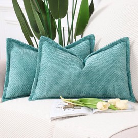 Madizz Set of 2 Chenille Velvet Cushion Covers with Flange Soft Boho Textured Throw Pillow Covers Broadside Pillowcases Modern Farmhouse Home Decor for Sofa Bedroom Turquoise 12x20 inch, 30x50 cm