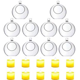10 Pack 3.54"/90mm Acrylic Hanging Tealight Candle Holder with 10 Pack Flameless LED Candles, Globe Ornament for Air Plant, Tea Light Candlestick for Wedding Birthday Christmas Home Party Decor