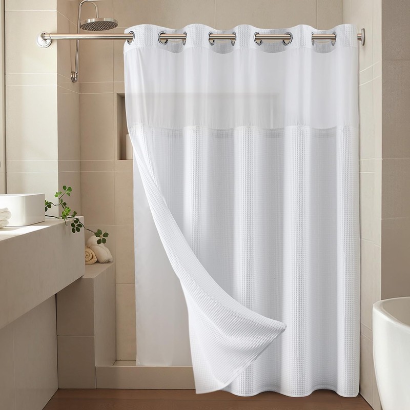 River Dream White Fabric Shower Curtain Set, Cotton Blend, Waffle