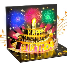 US Local Stock 3D Pop up Music Blow Out Candle Happy Birthday Firework Cards With Lights Greeting Cardscolor: Black, CARD SIZE: 20*15cm