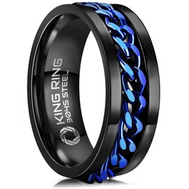 King Ring 8mm Spinner Ring – Fine Polished Flat Fidget Ring for Men & Women with Cuban Chain, Stainless Steel Ring – Black Blue 11