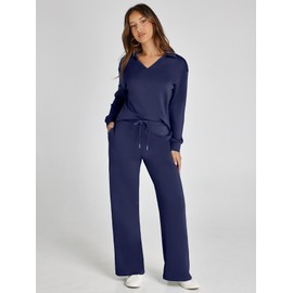 Glamaker Womens Sets 2 Piece Outfits Long Sleeve Polo V Neck Air Essentials Tracksuit Travel Set Women Clothes (Navy Blue M)