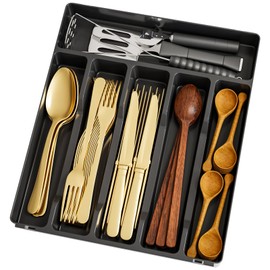 Yieach Silverware Organizer for Kitchen Drawers,BPA Free Cutlery Drawer Organizer,6 Slots Plastic Utensils Organizer Suitable as In-Drawer Silverware Holder and Tray,Flatware,Knife,Fork,Spoon Organizer,Black