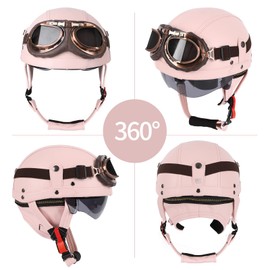 Vintage German Leather Motorcycle Half Helmet, DOT Approved Adult Men Women Half Face Motorcycle Helmets, with Goggles and Visor, for Bicycle Cruiser Scooter Chopper(Pink,S(55~56cm))