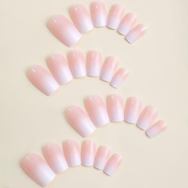 Square Press on Nails Medium Pink Fake Nails with Glue Pink & White Gradient Designs Glue on Nails Full Cover False Nails Artificial Acrylic Nails for Women