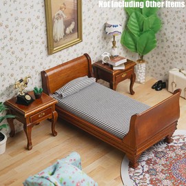 Odoria Dollhouse Single Bed Miniature: 1/12 Scale Wooden Bed Victorian for 6 inch Dolls Bedroom Vintage - Mini Brown Furniture with Bedding Fabric