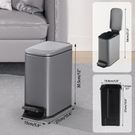 ELPHECO Small Bathroom Trash Can with Lid Soft Close 1.8 Gallon / 6.8 Liter Stainless Steel Garbage Can Slim Step Garbage Bin for Toilet, Office, Bedroom (Matte Grey)
