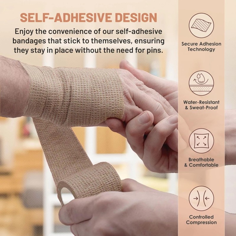 6-Rolls 2 In x 5 Yds Tan Self Adhesive Bandage
