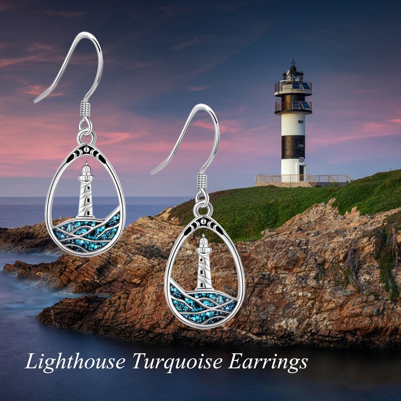 URONE Lighthouse Wave Earrings Sterling Silver Lighthouse Earrings Turquoise Ocean