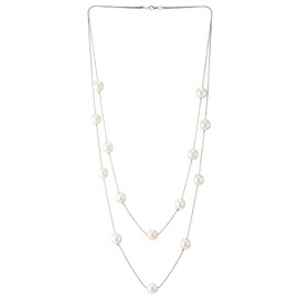 Two-Strand Long Chains Statement Necklace with Satin White Pearl Beads Charms(CA)