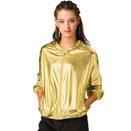 Allegra K Women's Holographic Party Shimmering Shiny Lightweight Zipper Hooded Metallic Jacket Large Gold