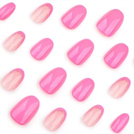 Pink Press on Nails Short Oval Fake Nails with Glitter Designs French Tip Nails Press ons Glossy Glue on Nails Cute Acrylic Nails Nude False Nails Summer Fall Stick on Nails for Women 24Pcs