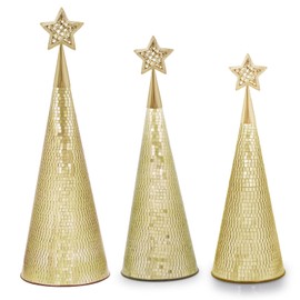 Gold Glass Christmas Trees Set of 3, 17" 15" 13" Small Tabletop Christmas Tree Handmade Disco Decor for Xmas Table Party Decoration
