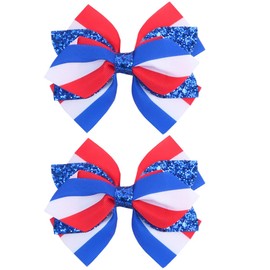 2PCS Patriotic Red White Blue Hair Bows, IKOLA 3-Layer Handmade Sequin Ribbon Bows Non-Slip Metal Alligator Hair Clips 4th of July Independence Day Hair Accessories for Women & Girls