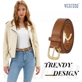 WERFORU Women Fashion Leather Belt for Jeans Pants Dress Ladies Vintage Punk Studded Belt with Gold Buckle Brown