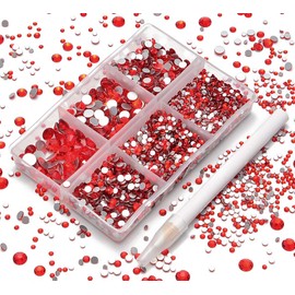 AD Beads 4300 Pieces Flat Back Nail Art Rhinestones Round Beads 6 Sizes (2-6.5mm) with Storage Organizer Box,Rhinestones Picking Pen for Nail Art Phone Decorations Crafts DIY (Red)